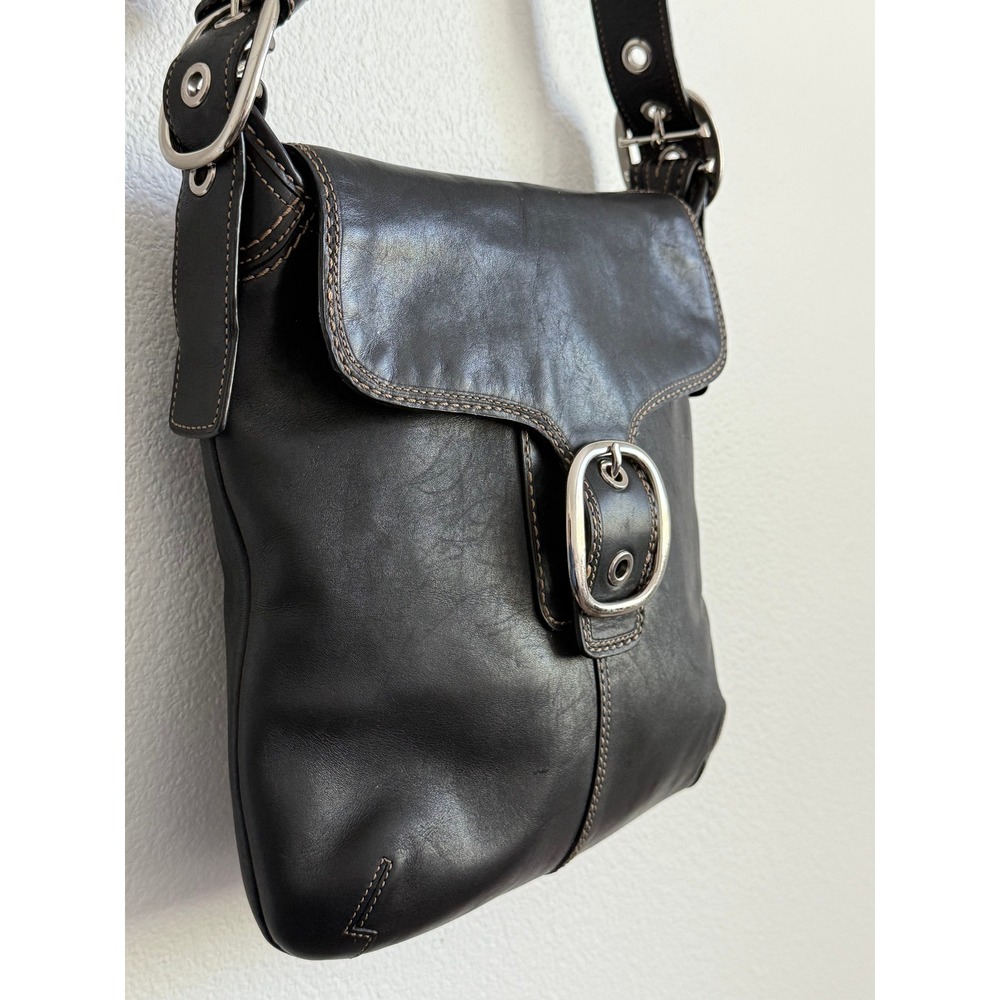 VTG COACH Bleecker Black Leather Messenger Bag Y2K Buckle Flap Crossbody Grunge - Picture 4 of 10